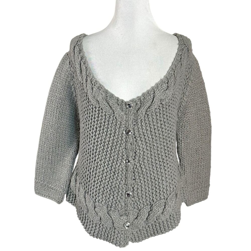 Vintage 90s Free People Wool Sweetheart Chunky Knit Cardigan Sweater Grey Medium